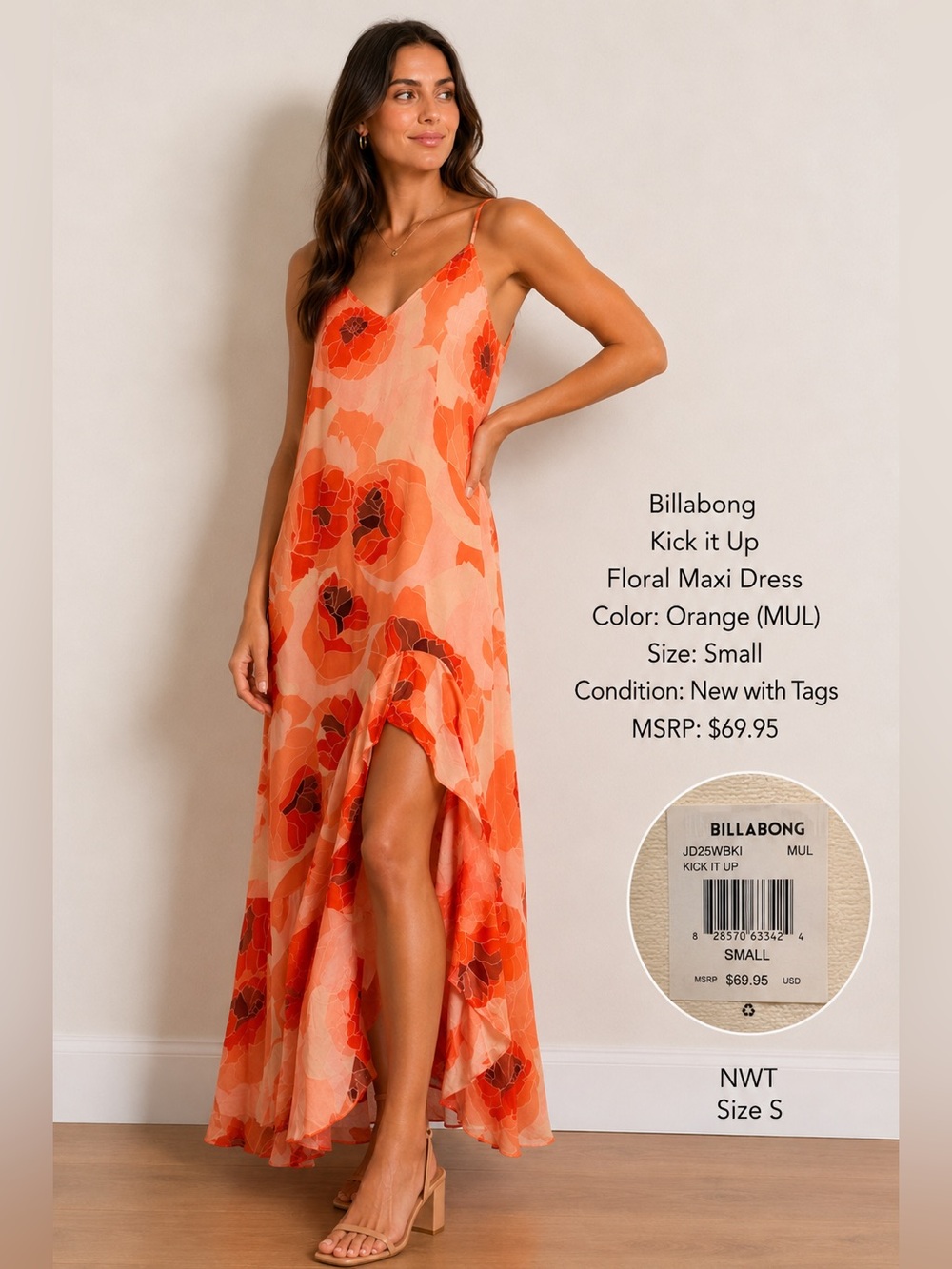 Billabong Orange “ Kick it up” Floral Maxi Dress